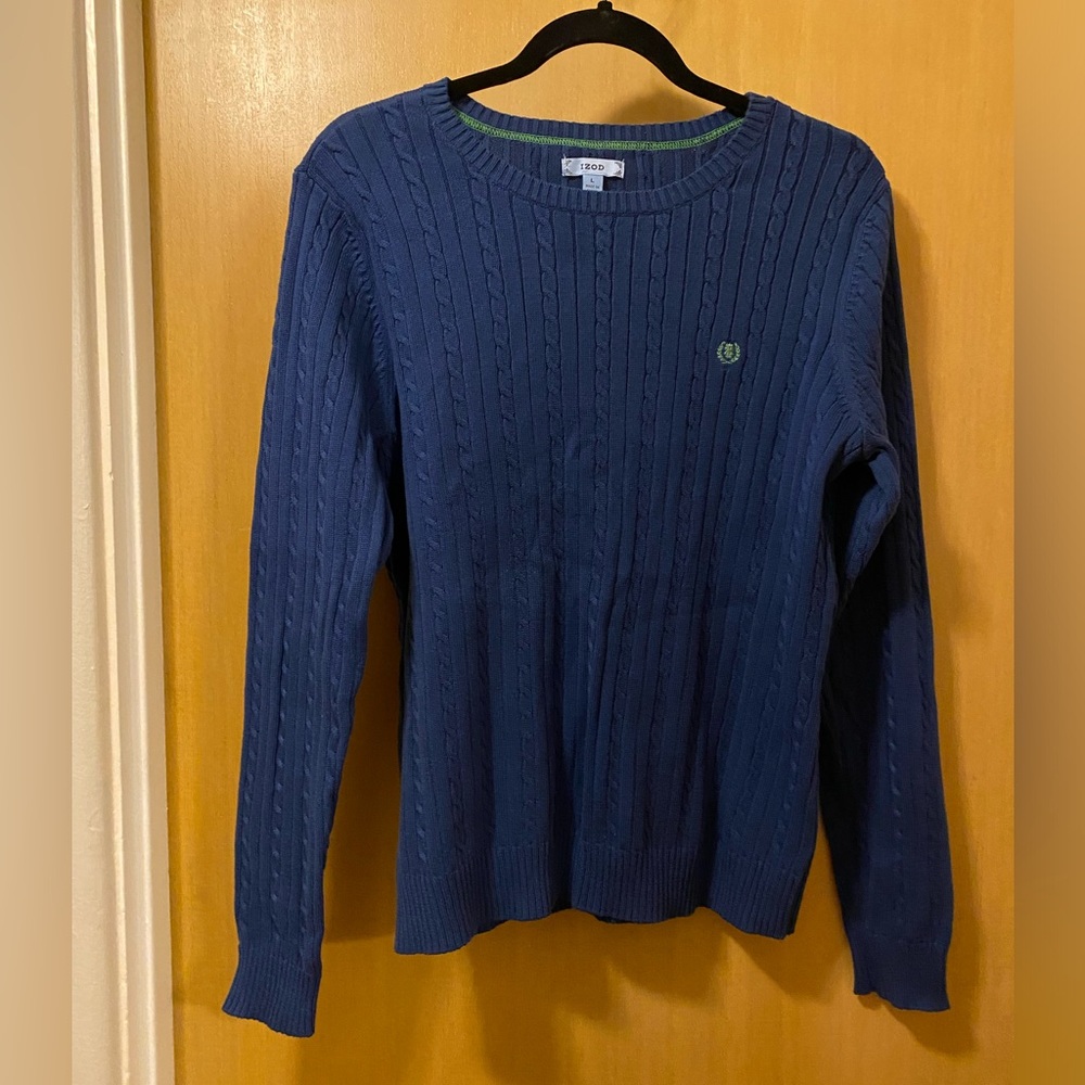 Izod Long Sleeve Blue Cotton Cable Knit Pullover Sweater